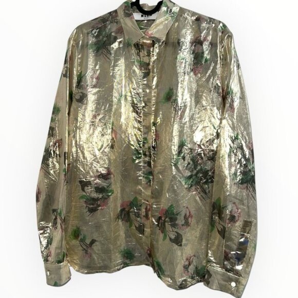 MSGM FOIL Metallic Silk floral Printed Button down Blouse top collar gold 40 / S - Picture 2 of 7